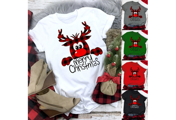 SUSSURRO Womens Christmas Deer Print Shirt Good Morning Merry Christmas Fashion Pullover Shirt Tops Loose New Bottoming Tops 