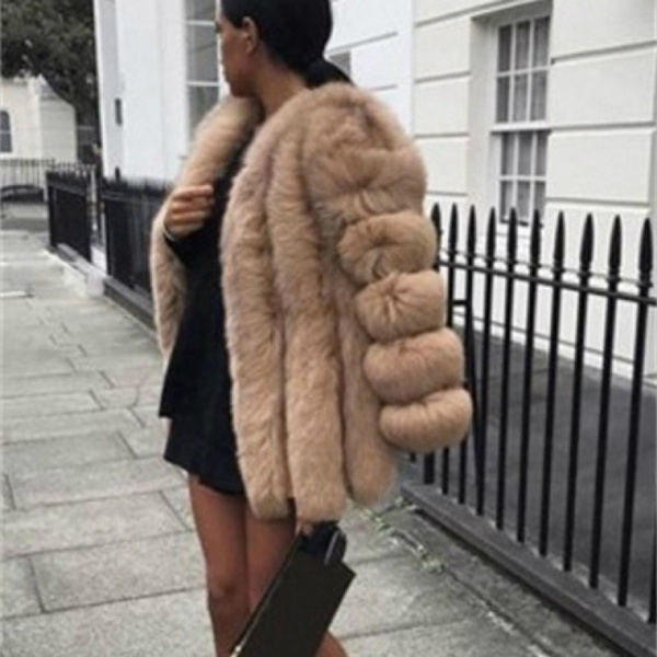 Womens Long Sleeve Fluffy Fox Faux Fur Coat Warm Winter Outwear Jackets 