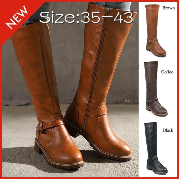 New Fashion Women Leather Long Boots Autumn Winter Casual Zipper Knee High  Boots Ladies Vintage Roman Boots Buckle Shoes Flats