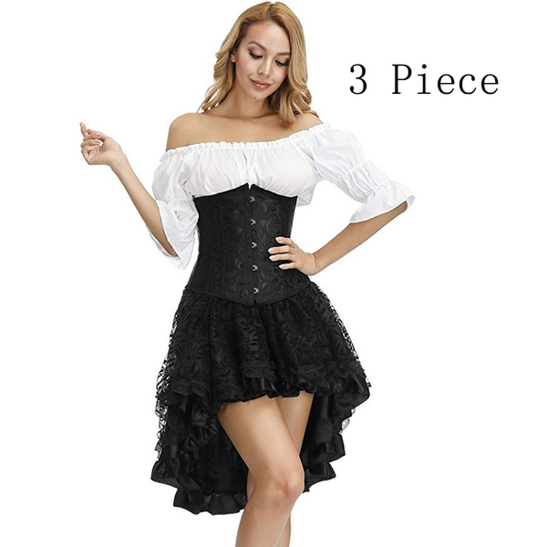 Women Steampunk Corset Dress for Women Off Shoulder Blouse Corset Top with  Gothic Skirt 3 Piece Outfits