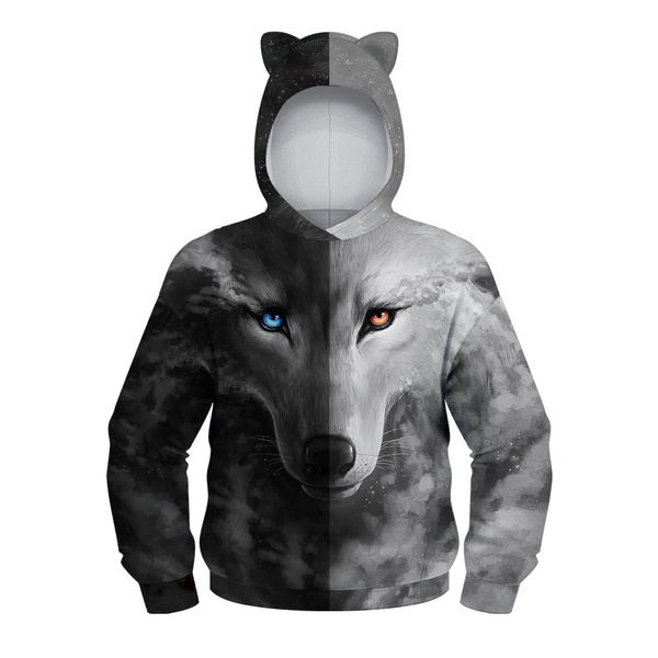 3D Animal Wolf Print Teen Girls Boys Ear Hoodies Autumn Outerwear