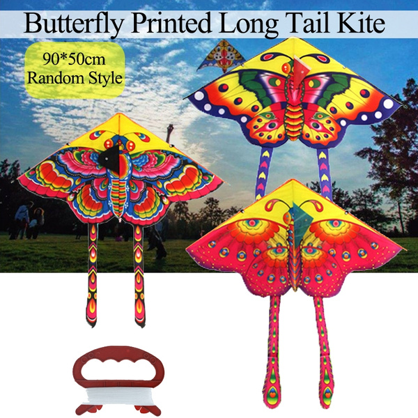 1Set 90*50cm butterfly printed long tail kite outdoor kite toy with handle line` 