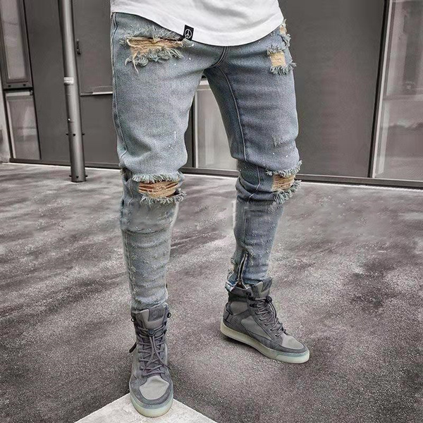 Jeans Men Spring MenClothes Denim Pants Distressed Slim Fit Casual Trousers Stretch Ripped Jeans