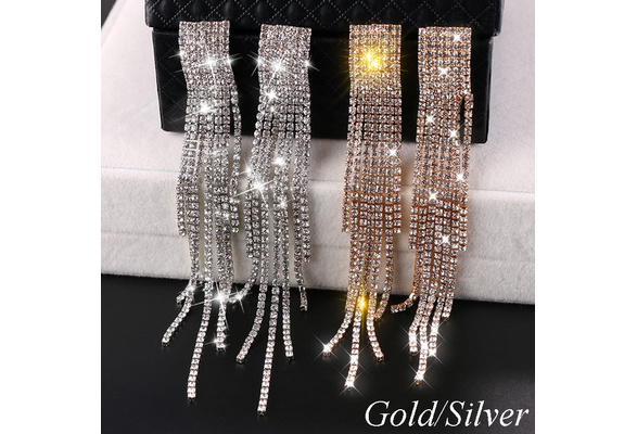 Fashion Rhinestone Long Tassels Drop Earrings Women Wedding Gold Sliver Black 