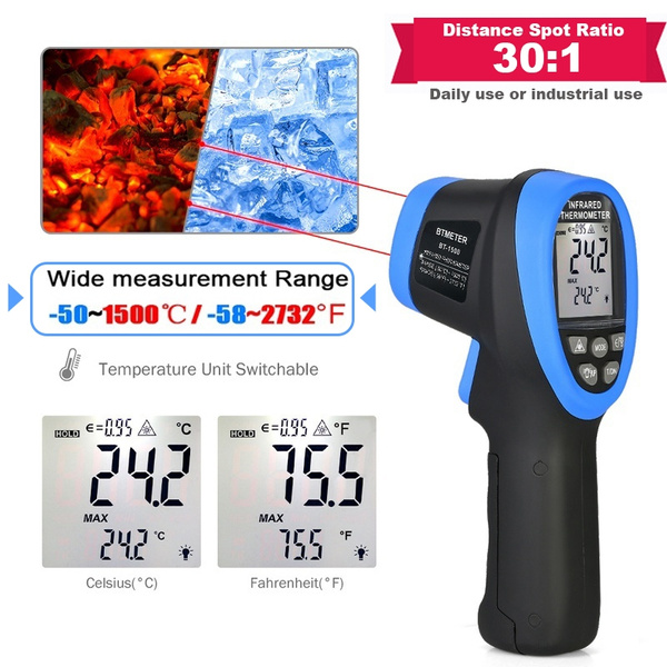 BT-1500 Digital Laser Thermometer Pyrometer 30:1 Laser Thermometer Gun,-58℉  to 2732℉ (-50℃ to 1500℃) High Temp Infrared Thermometer for Industrial HVAC  Kiln Forge Foundry Casting Furnace