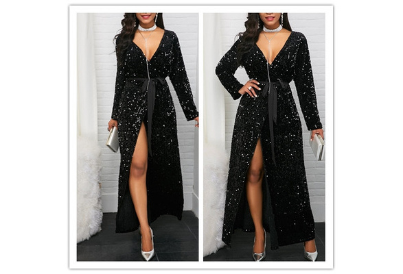 Front Slit Long Sleeve Belted Sequin 