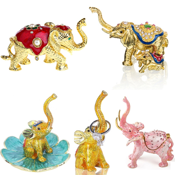 Bejeweled and Enameled Elephant Figurine Trinket Boxes Jewelry