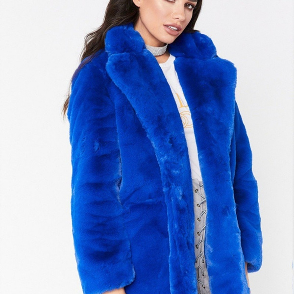 Faux Fur Coat Women Long Sleeve Thick, Blue Faux Fur Coat Plus Size