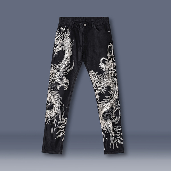 SHEIN EZwear Chinese Dragon Print Jeans