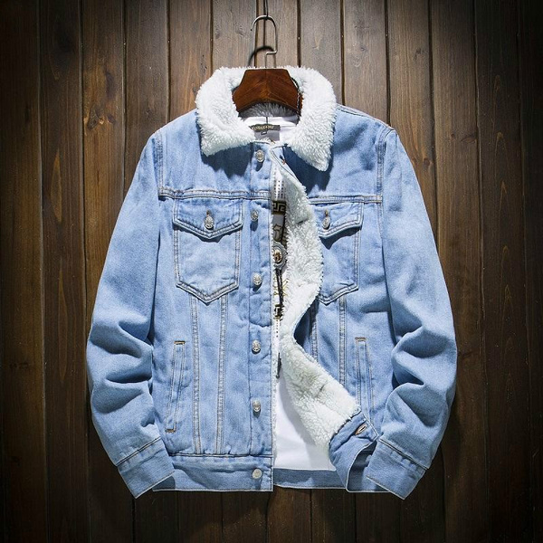 Sinzelimin Mens Winter Fleece Lined Denim Jackets Warm Jeans Coat Pocket Button Denim Trucker Jacket Casual Stand Collar