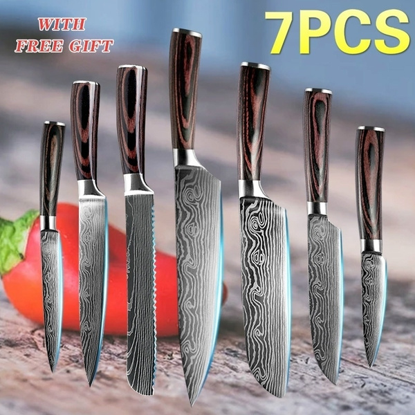 XYj 7PCS/set kitchen knives sets Japanese Knife Sets Cleaver Slicing  Utility Knives Chef Knife Slicing Knife Laser Damascus Pattern Damascus  Utility Knife Sharp Santoku Knife Set