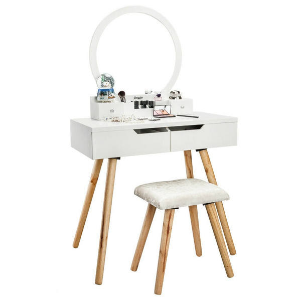 Modern Stylish Elegant Luxury White, White Vanity Makeup Desk With Mirror