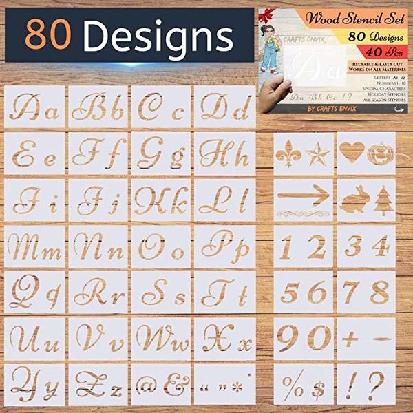 Large Alphabet Numbers Signs Calligraphy Font Upper and Lowercase Letters Stencils New!Letter Stencils for Painting on Wood 80 Designs 40 Pcs Reusable Holiday Plastic Fancy Art Craft Stencils
