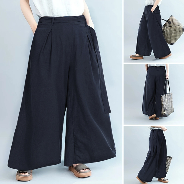 Palazzo Trousers Women Cotton Elastic Waist Loose Wide Leg Pants