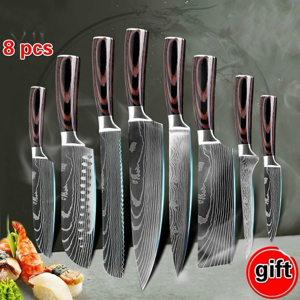 8pcs Set Kitchen Knife Set Japanese Knife Sets Japanese Kitchen Knives Forged Kitchen Knife Laser Damascus Pattern Chef Knife Sharp Santoku Knife Set Cleaver Slicing Utility Knives Tool Knives Sharp Cleaver Slicing Gift