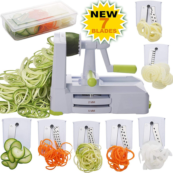 7-Blade Spiralizer: Strongest-and-Heaviest Duty Vegetable Spiral Slicer,  Best Veggie Pasta Spaghetti Maker for Low Carb/Paleo/Gluten-Free, With  Container, Lid, Blade Caddy