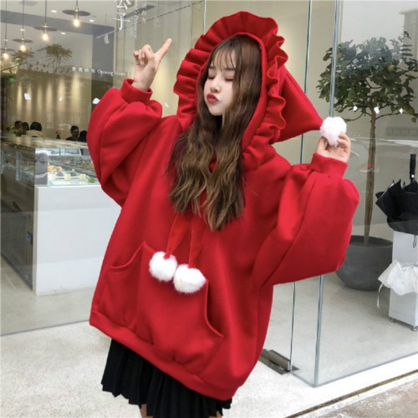 Women Girl Loose Hoodies Pullover Sweatshirt Ruffle Puff Sleeve Cute Fleece Thick Baggy Top