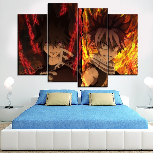 4 Panel Pnatsu Dragneel Anime Fairy Tail Painting Wall Art Canvas Poster Home Decor Living Room No Frame Wish