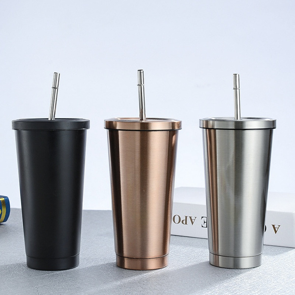 500ML Stainless Steel Cup Travel Tumbler Coffee Mug With Drinking Straw 
