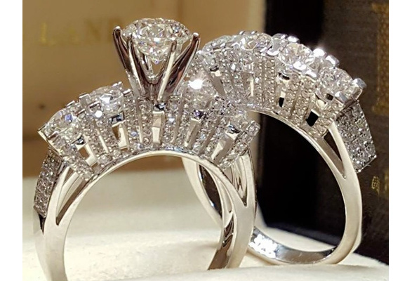 2pcs/set White Sapphire 925 Silver Ring Women Wedding Bridal Jewelry New Sz 5-11
