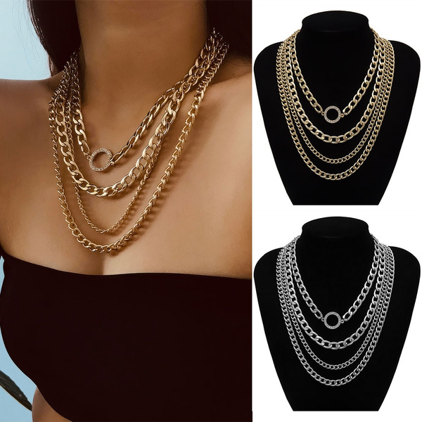 Women Crystal Multi-Layer Choker Collar Chunky Pendant Chain Necklace Jewelry