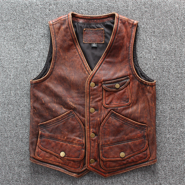 2019 Vintage Brown Men American Leather Vest Size XXXL Cowhide Spring Short Natural Vest | Wish