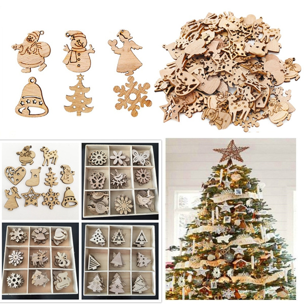 50pcs Wooden Christmas Tree Ornaments Mini Snowflake Tree Hanging Pendants Christmas  Decorations for Home New Year Gift
