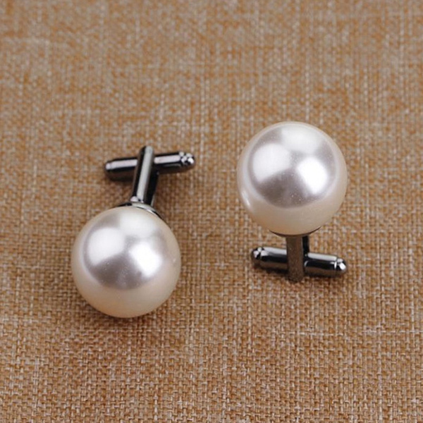 DONGMING Imitation Pearls Cufflinks Round Beads Cuff Links Shiny Business Shirt Cuff Buttons for Wedding Suit,Gold 