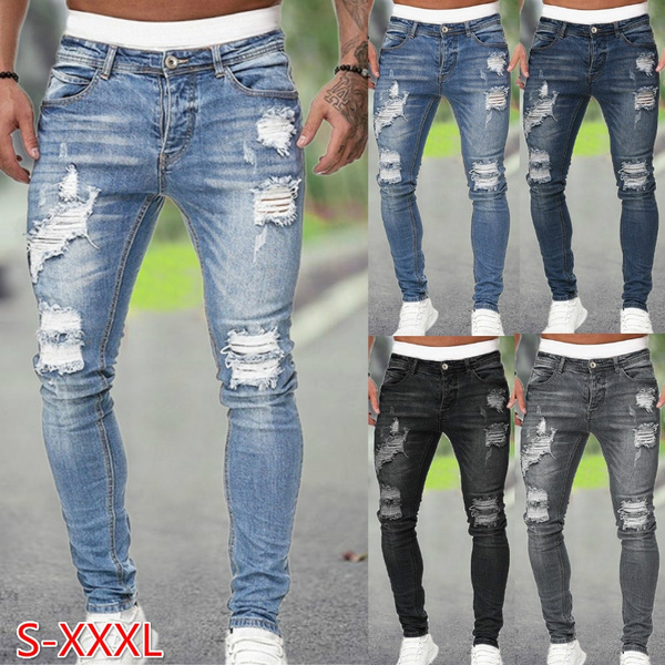 Men's Fashion Skinny Ripped Jeans Casual Distressed Hole Jeans Slim Fit ...