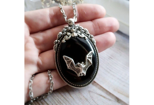 Gothic Vampire Bat Black and Silver Cameo Earrings or Necklace Separate or Set 