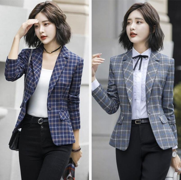 Soft and Comfortable Plaid Jacket with Pocket Office Lady Casual Style Blazer Women Wear Single Button Coat