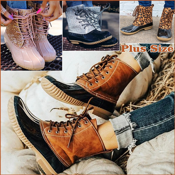 New Fashion Women s Ankle High Duck Snow Booties Lace Up Quilted Padded Rain Mud Rubber Waterproof Boots