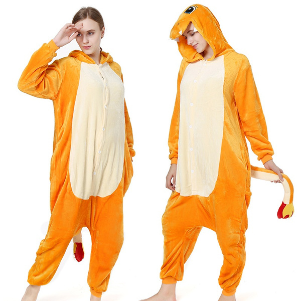 Kigurumi Pajama Dinosaur Charmander Cosplay Costume Adult Animal Cartoon Hooded Onesie Women Men Couple Winter Sleepwear Flannel Pijamas