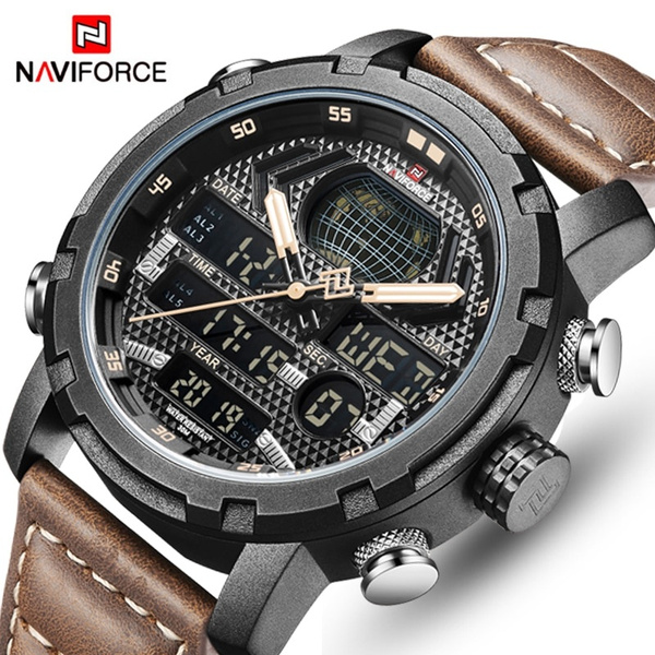 NAVIFORCE Men's Fashion Sport Leather Waterproof Date LED Analog  Quartz Watches