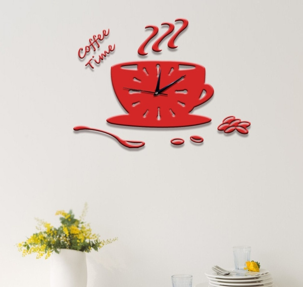 Creative 3d Coffee Cup Pointer Clock Acrylic Ultra Quiet Wall Bedroom Living Room Wish - Red Coffee Cup Wall Clock