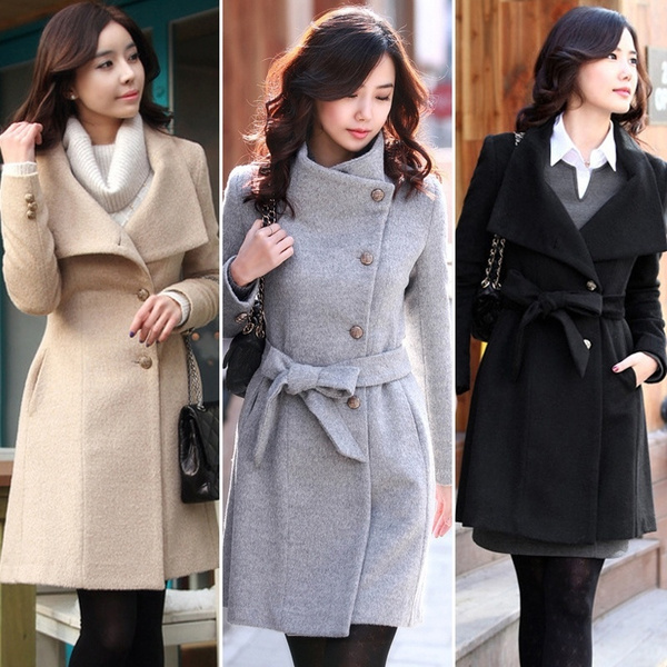 Cheap Women's Winter Woolen Coat Elegant Lapel Trench Coat Solid Color Long  Jacket Work Tie Long Coat | Joom
