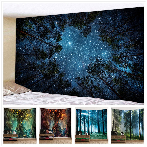 Sky Fabric Wall Tapestry Decor Polyester Psychedelic Forest Trees Stars Starry 
