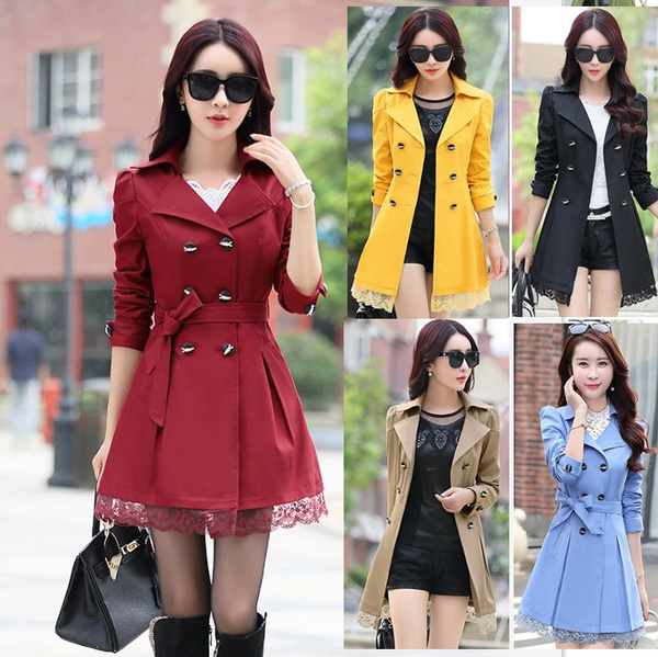 Women Double Breasted Belt Lapel Slim Fit Trench Coat Mid Long Lace Jacket New