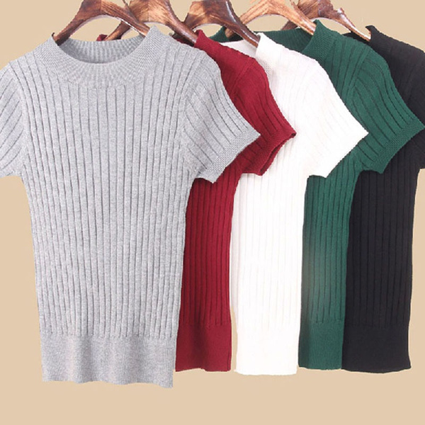 T-shirt Tops Knitted Slim Pullover Women Sweater Half Sleeve Thin Tight Fit  Semi-high Collar Clothing