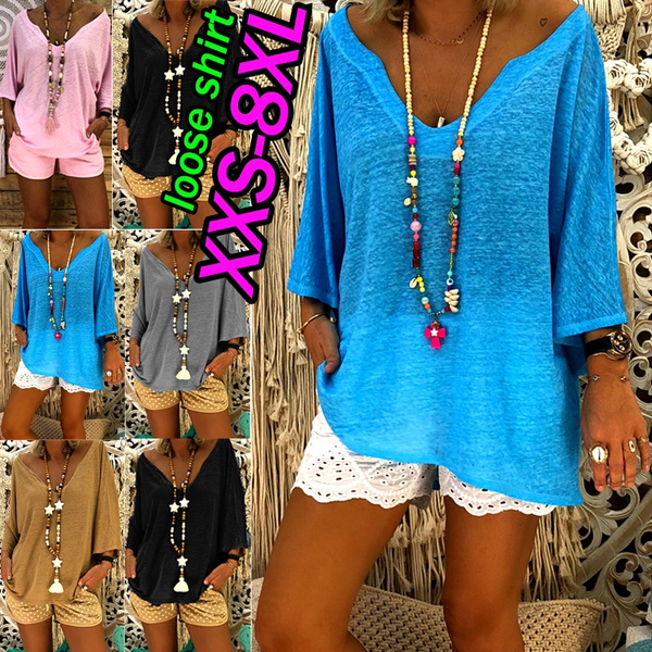 Women's V-Neck Pullover Blouse – Short Sleeve Loose Fit Tunic, Summer Casual Top (65% Rayon, 30% Polyester, 5% Spandex)