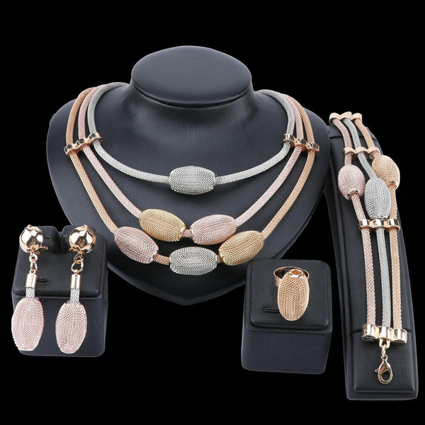 Women Three Layered Layered Statement Necklace Gold Toned Ladies Jewelry Set 