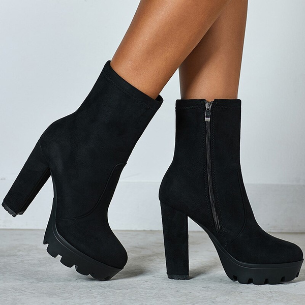 Plus Size 42 Women High Heels Black Boots Stripper Suede Ankle Boots Party  Block Chunky 2019 Fall Winter Platform Shoes