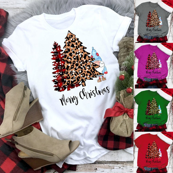 Christmas t shirt Merry Christmas Shirt Christmas Shirt Christmas Trees women's Shirt,Leopard Print Trees red print