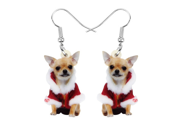 Details about / Chihuahua Blue Dress Realistic Acrylic Double-Sided Silver Hook Earrings Jewelry
