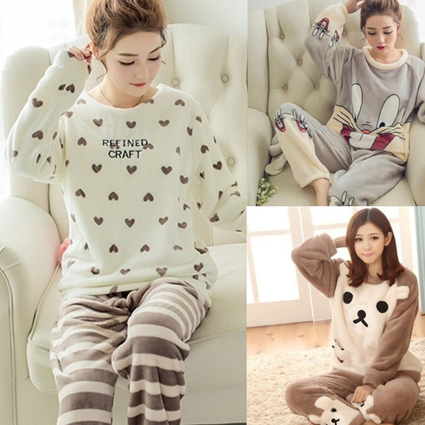 Womens Autumn Winter Cute Pajama 2PCS Sets Flannel Warm Pyjama Femme Cartoon Long Sleeve Trousers Sleepwear