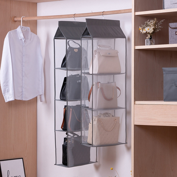 MaoXinTek Handbag Storage 4 Pocket Closet Wardrobe Compartment Pouch Bag Hanging Organizer Holder Holder for Living Room Bedroom Cupboard Grey 