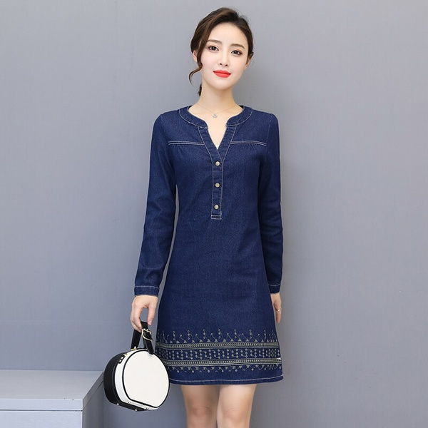 Buy Women's Denim Dresses Fall Winter Knee Length A-line Shirt Dress with  Pockets Online at desertcartINDIA