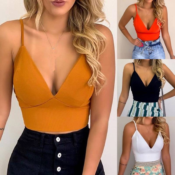 Women's Fashion Deep V Neck Crop Tops Push Up Strappy Bra Tank Tops  Sleeveless Backless Casual Underwear Plus Size S-3XL