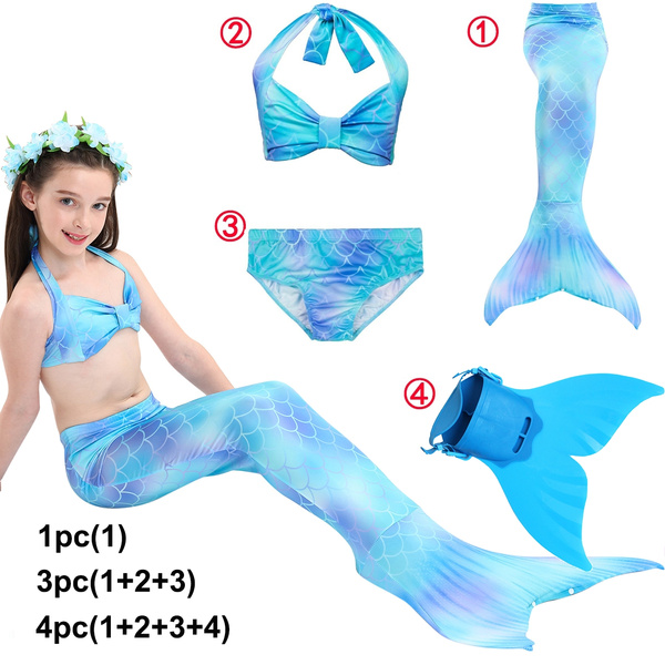 Kids Girls Mermaid Tail Swimmable With Monofin Swimming Bikini Sets Swimsuit 