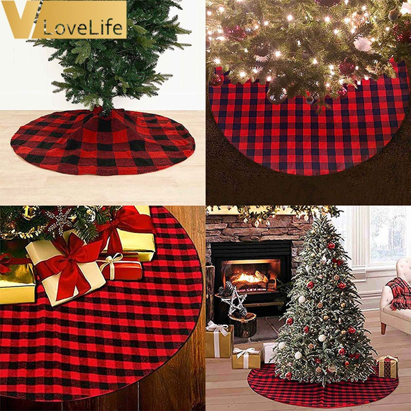 90cm Red and Black Buffalo Plaid Christmas Tree Skirt Xmas Tree Skirt Christmas Decorations Wish